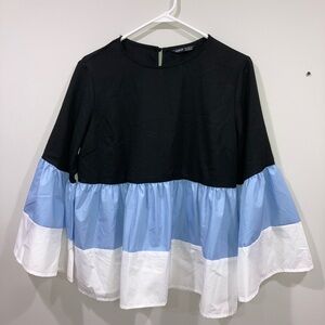 Shein Tiered Flowy Top Black, Blue, and White with Flare Sleeves Long Medium